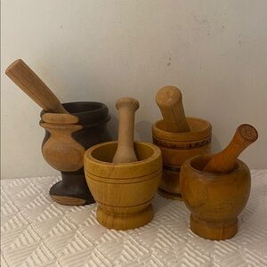 Antique Primitive Wood Mortar & Pestle Large collection bundle lot of 4 herbal